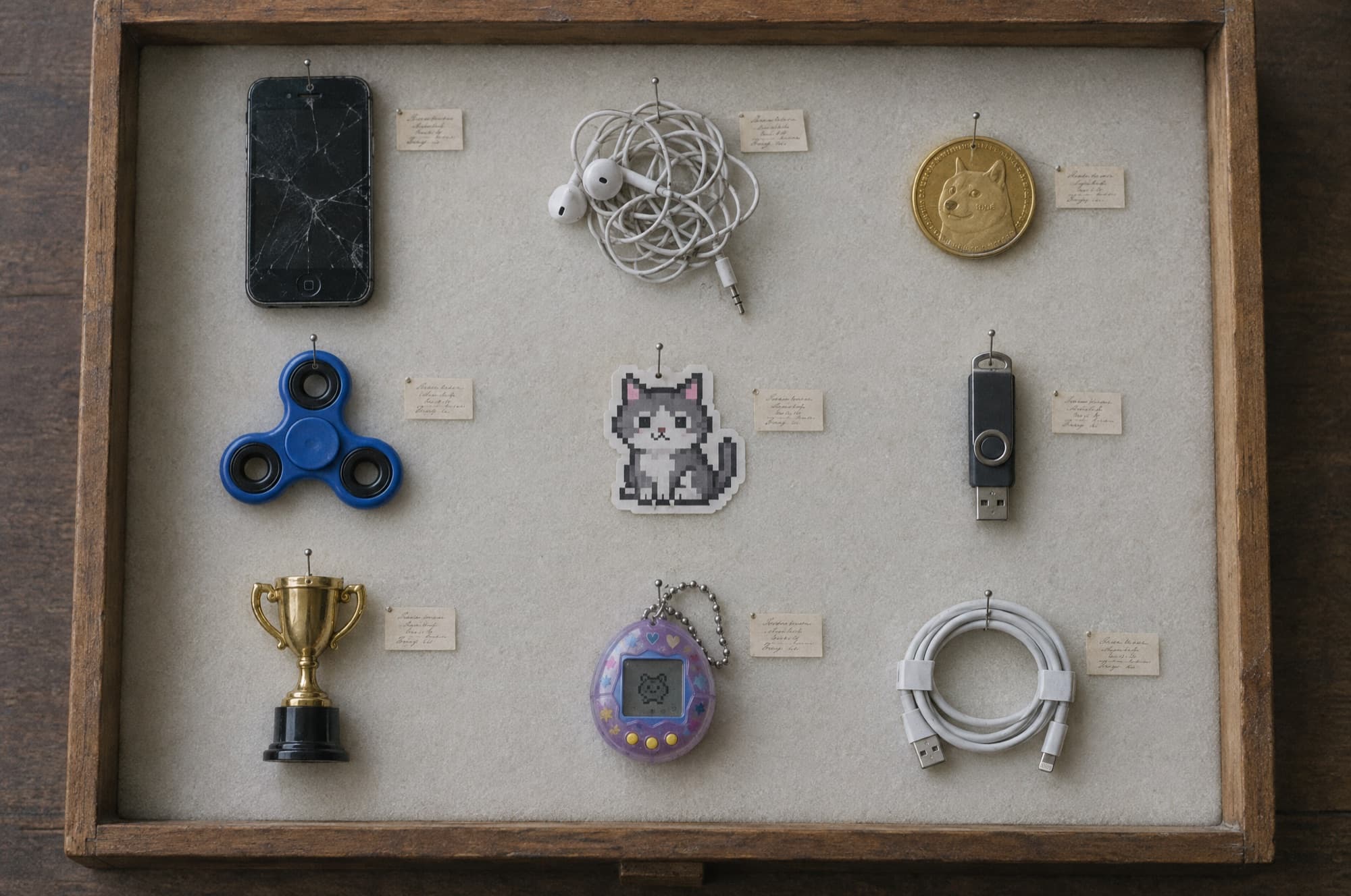 A museum specimen drawer of internet-era objects